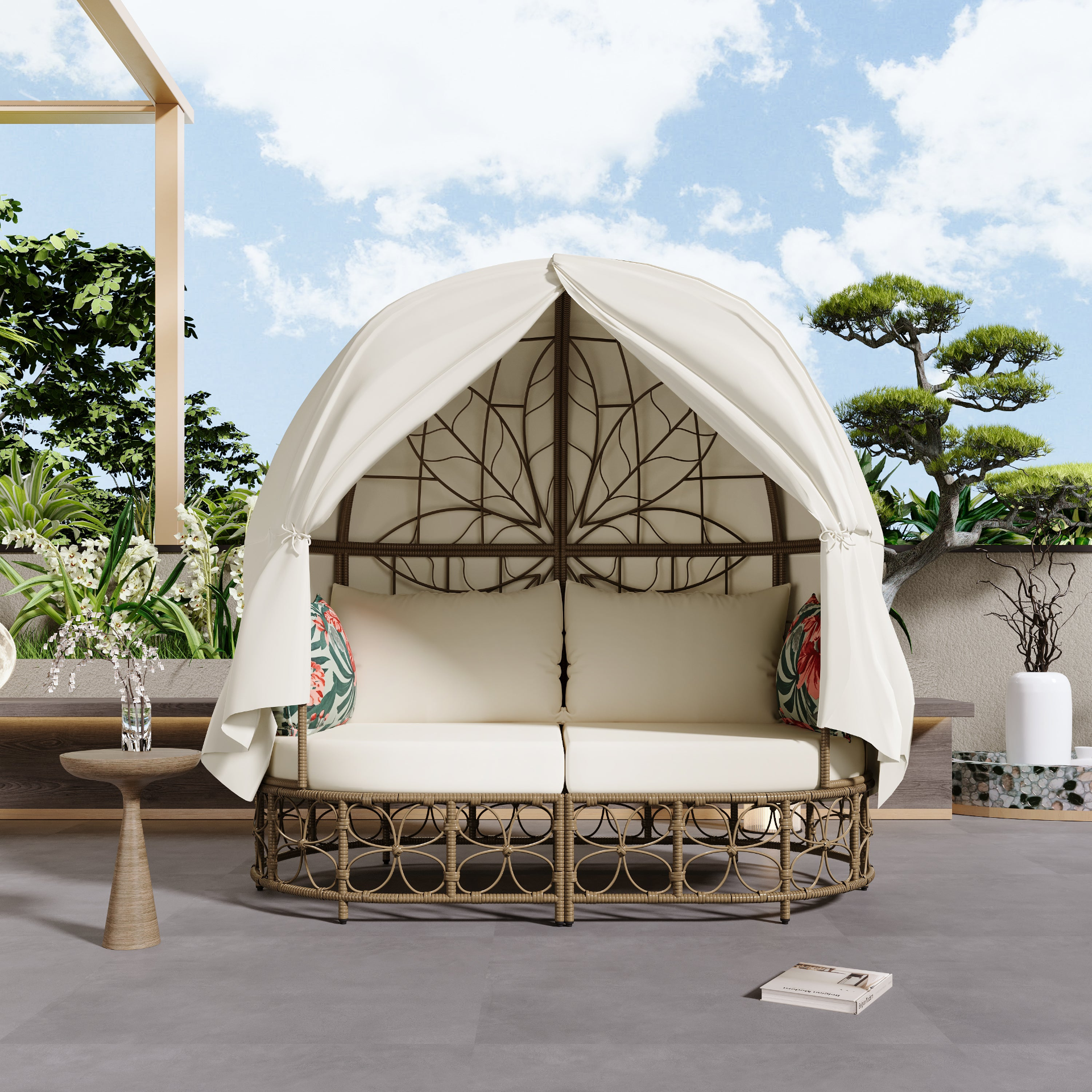 59.8" Daybed Outdoor Sunbed With Colorful Pillows, Wicker Patio Daybed With Curtain, Floral Pattern, Natural Wicker, Beige Cushion