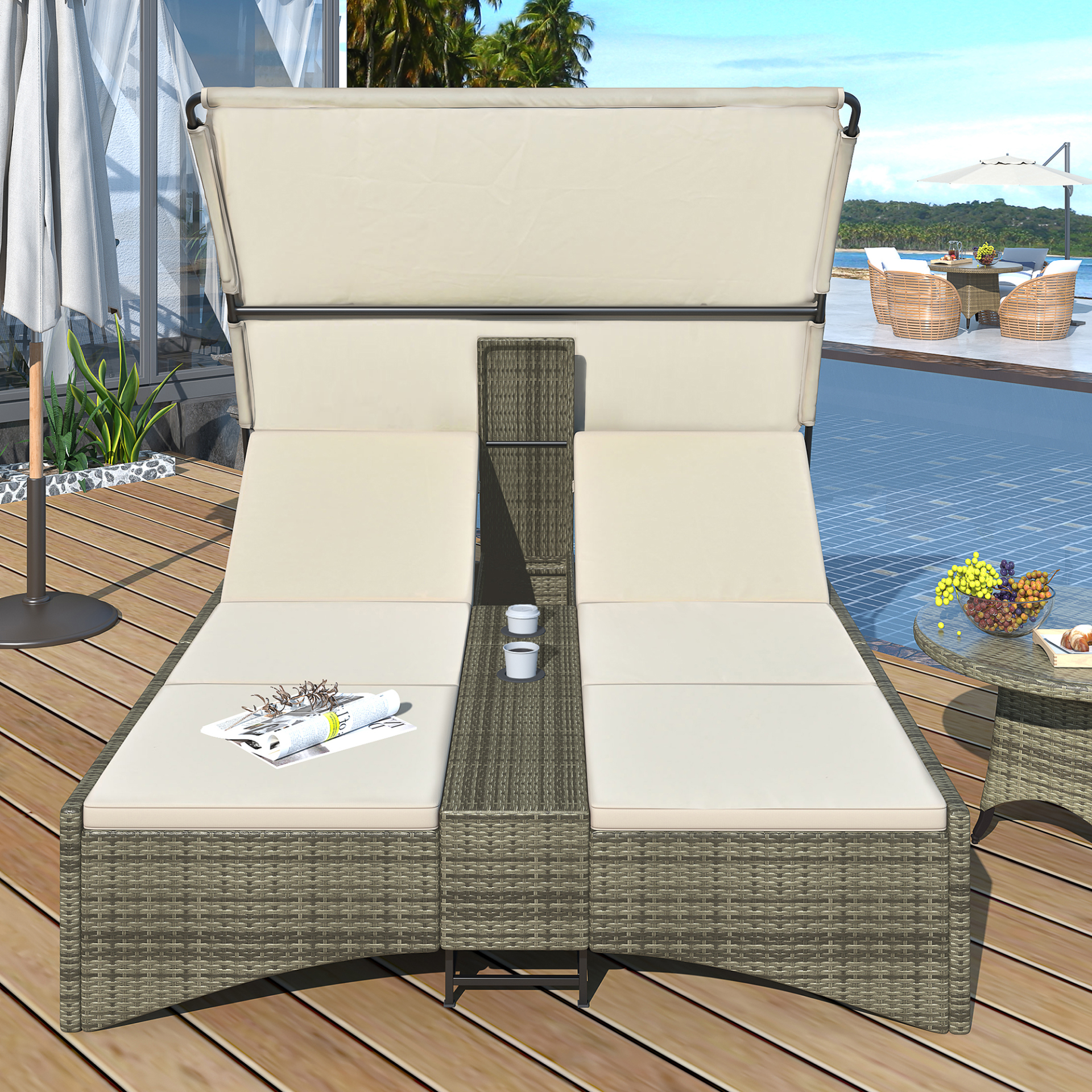 Patio Daybed Outdoor Daybed Outdoor Rattan Sun Lounger with Shelter Roof with Adjustable Backrest, Storage Box and 2 Cup Holders for Patio, Balcony, Poolside,Cream