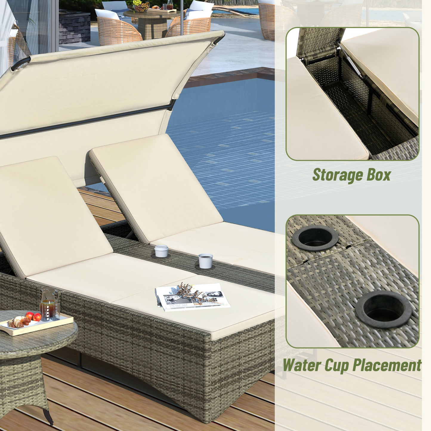 Patio Daybed Outdoor Daybed Outdoor Rattan Sun Lounger with Shelter Roof with Adjustable Backrest, Storage Box and 2 Cup Holders for Patio, Balcony, Poolside,Cream