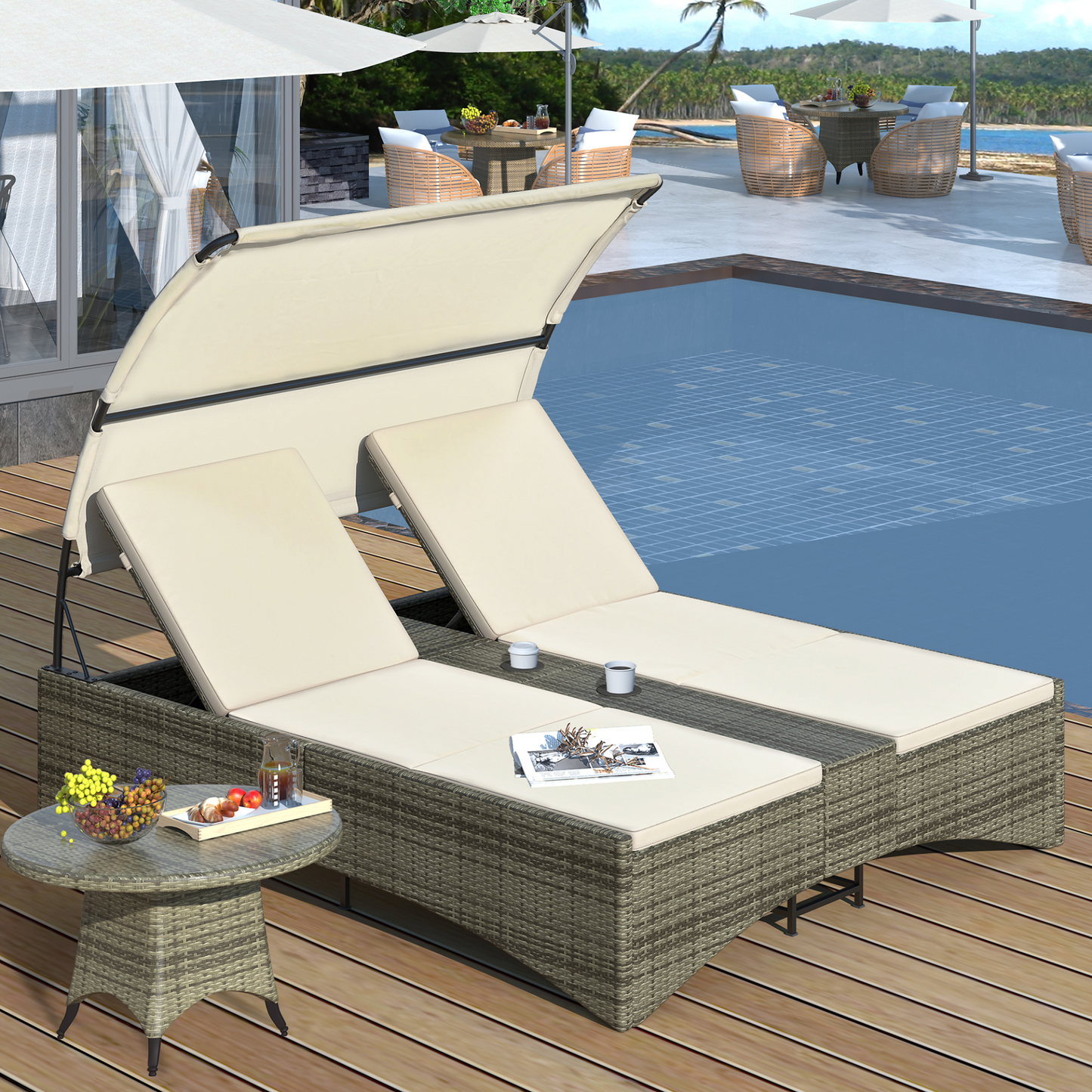 Patio Daybed Outdoor Daybed Outdoor Rattan Sun Lounger with Shelter Roof with Adjustable Backrest, Storage Box and 2 Cup Holders for Patio, Balcony, Poolside,Cream