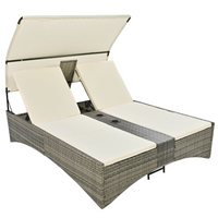 Patio Daybed Outdoor Daybed Outdoor Rattan Sun Lounger with Shelter Roof with Adjustable Backrest, Storage Box and 2 Cup Holders for Patio, Balcony, Poolside,Cream