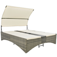 Patio Daybed Outdoor Daybed Outdoor Rattan Sun Lounger with Shelter Roof with Adjustable Backrest, Storage Box and 2 Cup Holders for Patio, Balcony, Poolside,Cream