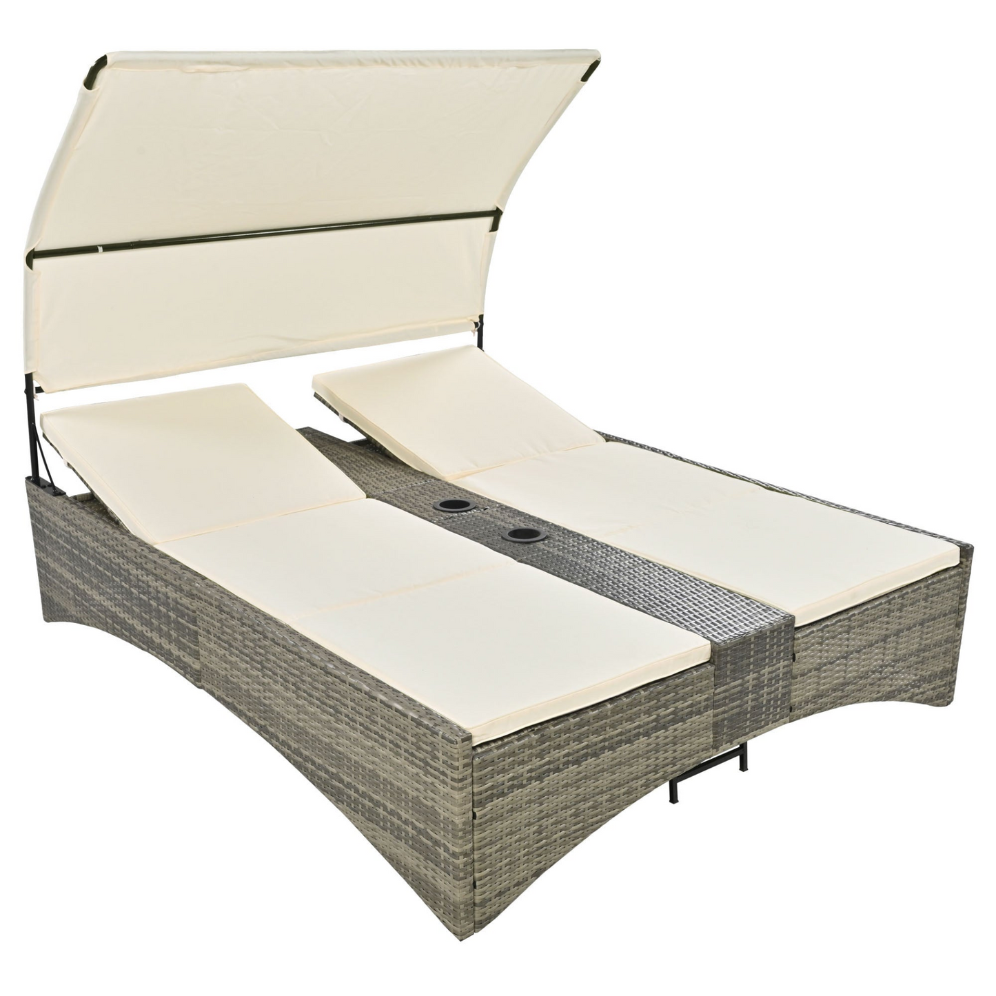 Patio Daybed Outdoor Daybed Outdoor Rattan Sun Lounger with Shelter Roof with Adjustable Backrest, Storage Box and 2 Cup Holders for Patio, Balcony, Poolside,Cream