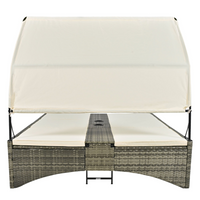 Patio Daybed Outdoor Daybed Outdoor Rattan Sun Lounger with Shelter Roof with Adjustable Backrest, Storage Box and 2 Cup Holders for Patio, Balcony, Poolside,Cream