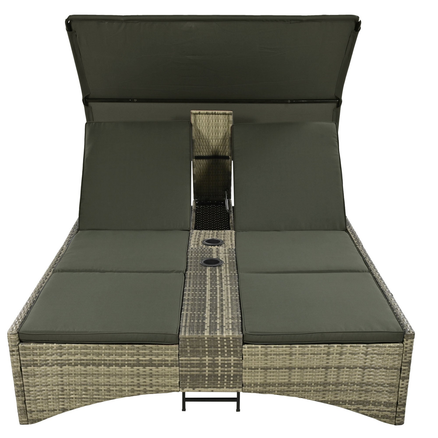 Patio Daybed Outdoor Daybed Outdoor Rattan Sun Lounger with Shelter Roof with Adjustable Backrest, Storage Box and 2 Cup Holders for Patio, Balcony, Poolside,Grey