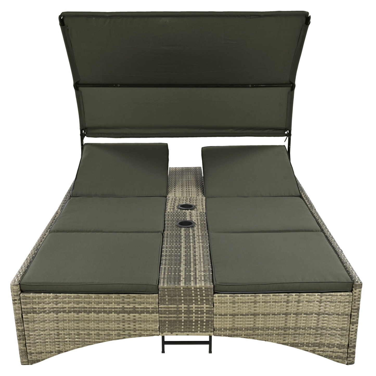 Patio Daybed Outdoor Daybed Outdoor Rattan Sun Lounger with Shelter Roof with Adjustable Backrest, Storage Box and 2 Cup Holders for Patio, Balcony, Poolside,Grey