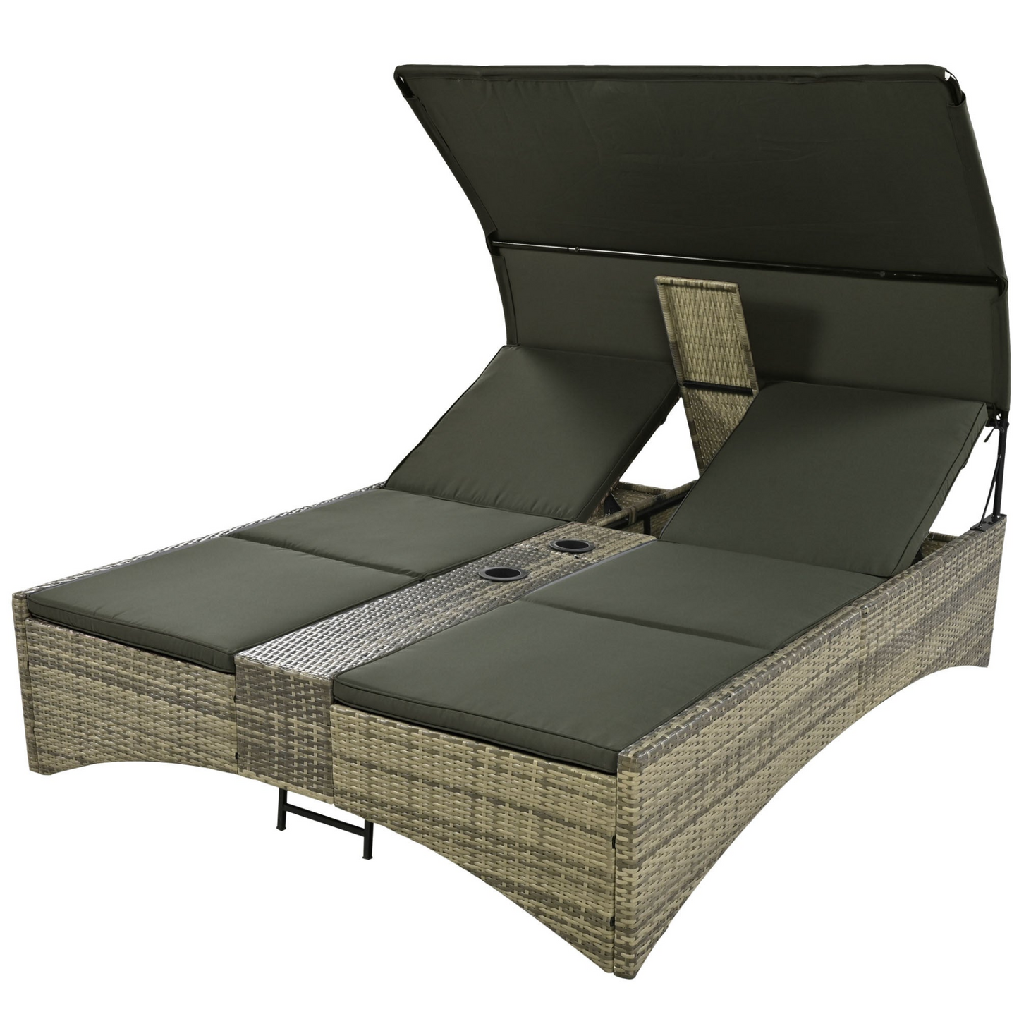 Patio Daybed Outdoor Daybed Outdoor Rattan Sun Lounger with Shelter Roof with Adjustable Backrest, Storage Box and 2 Cup Holders for Patio, Balcony, Poolside,Grey