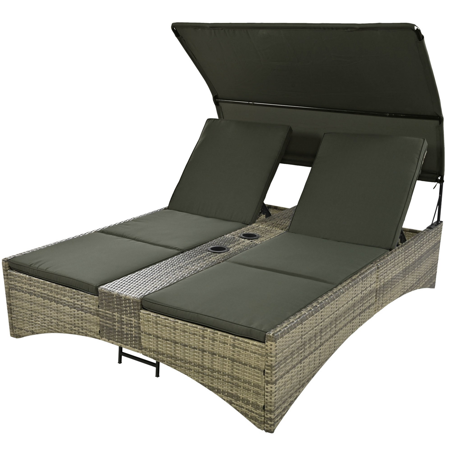 Patio Daybed Outdoor Daybed Outdoor Rattan Sun Lounger with Shelter Roof with Adjustable Backrest, Storage Box and 2 Cup Holders for Patio, Balcony, Poolside,Grey