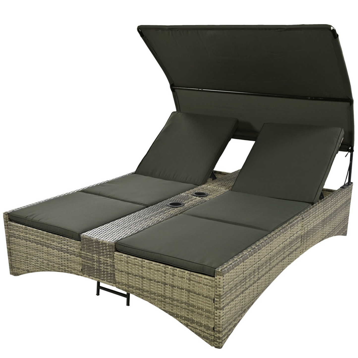 Patio Daybed Outdoor Daybed Outdoor Rattan Sun Lounger with Shelter Roof with Adjustable Backrest, Storage Box and 2 Cup Holders for Patio, Balcony, Poolside,Grey