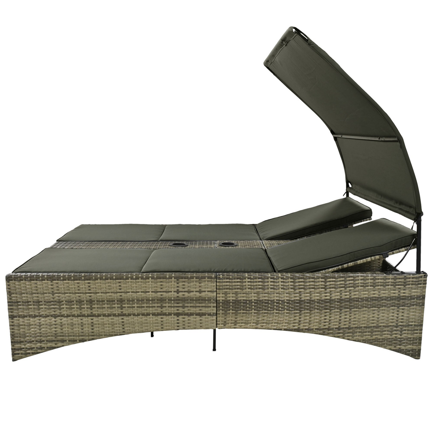 Patio Daybed Outdoor Daybed Outdoor Rattan Sun Lounger with Shelter Roof with Adjustable Backrest, Storage Box and 2 Cup Holders for Patio, Balcony, Poolside,Grey