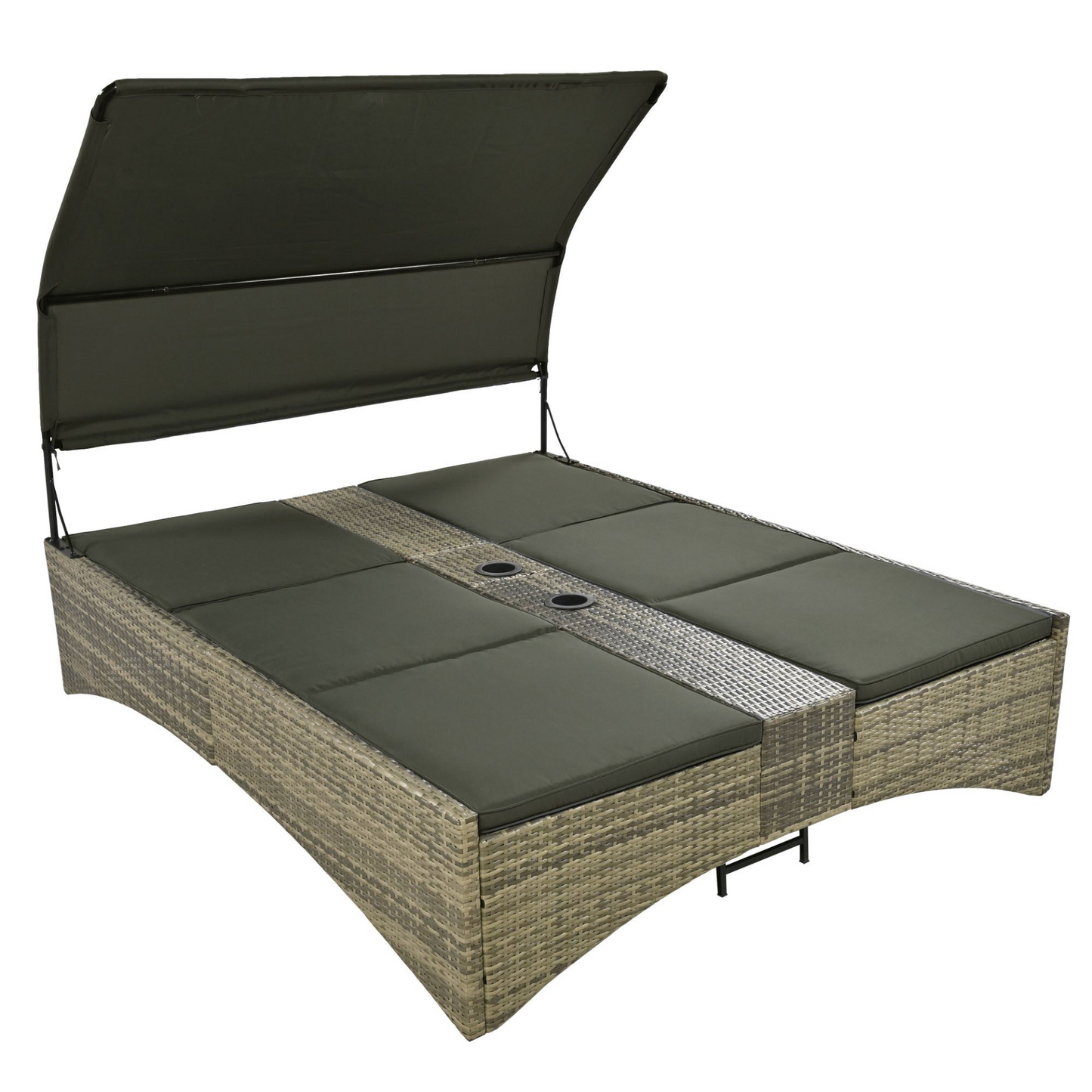 Patio Daybed Outdoor Daybed Outdoor Rattan Sun Lounger with Shelter Roof with Adjustable Backrest, Storage Box and 2 Cup Holders for Patio, Balcony, Poolside,Grey