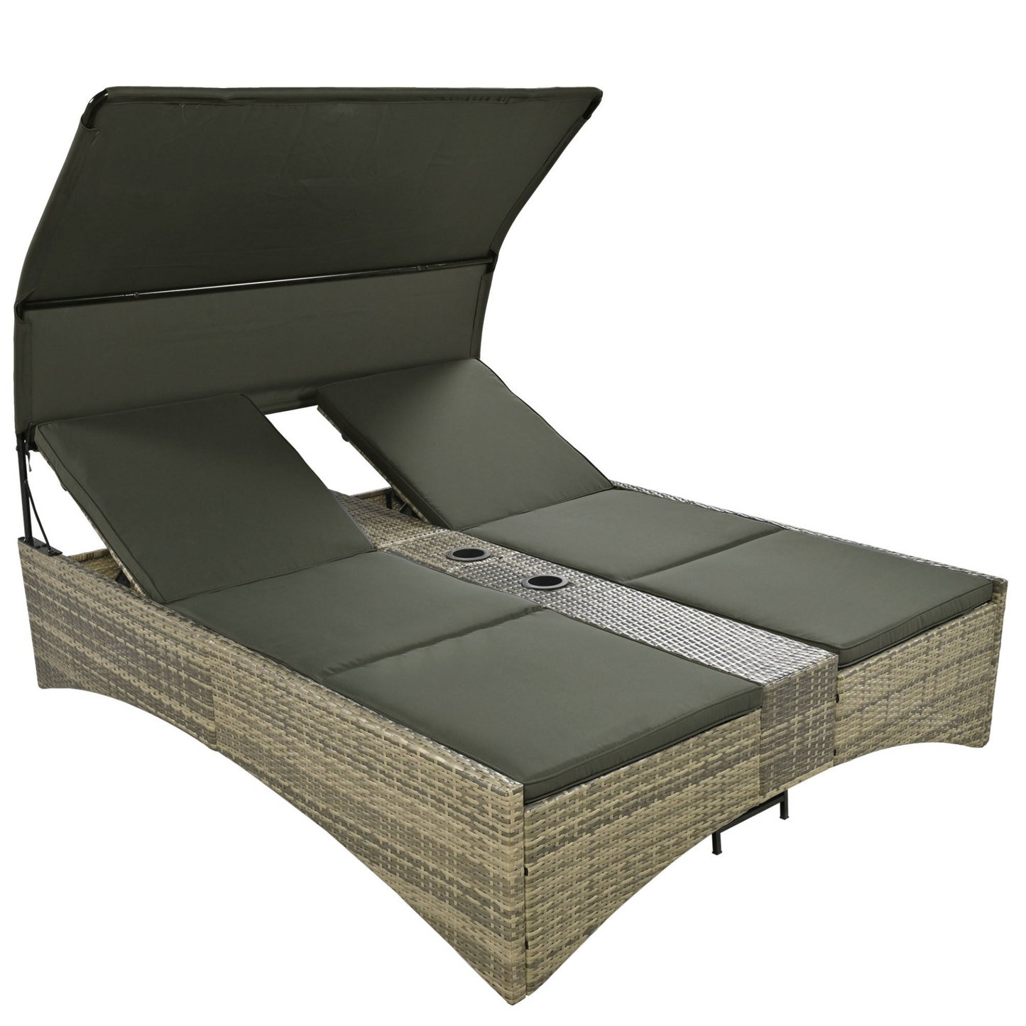 Patio Daybed Outdoor Daybed Outdoor Rattan Sun Lounger with Shelter Roof with Adjustable Backrest, Storage Box and 2 Cup Holders for Patio, Balcony, Poolside,Grey