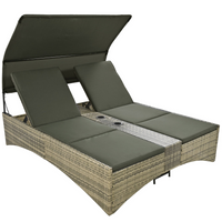 Patio Daybed Outdoor Daybed Outdoor Rattan Sun Lounger with Shelter Roof with Adjustable Backrest, Storage Box and 2 Cup Holders for Patio, Balcony, Poolside,Grey