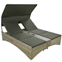 Patio Daybed Outdoor Daybed Outdoor Rattan Sun Lounger with Shelter Roof with Adjustable Backrest, Storage Box and 2 Cup Holders for Patio, Balcony, Poolside,Grey