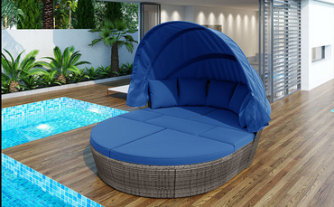 Outdoor rattan daybed sunbed with Retractable Canopy Wicker Furniture, Round Outdoor Sectional Sofa Set, Gray Wicker Furniture Clamshell Seating with Washable Cushions, Backyard, Porch, Blue