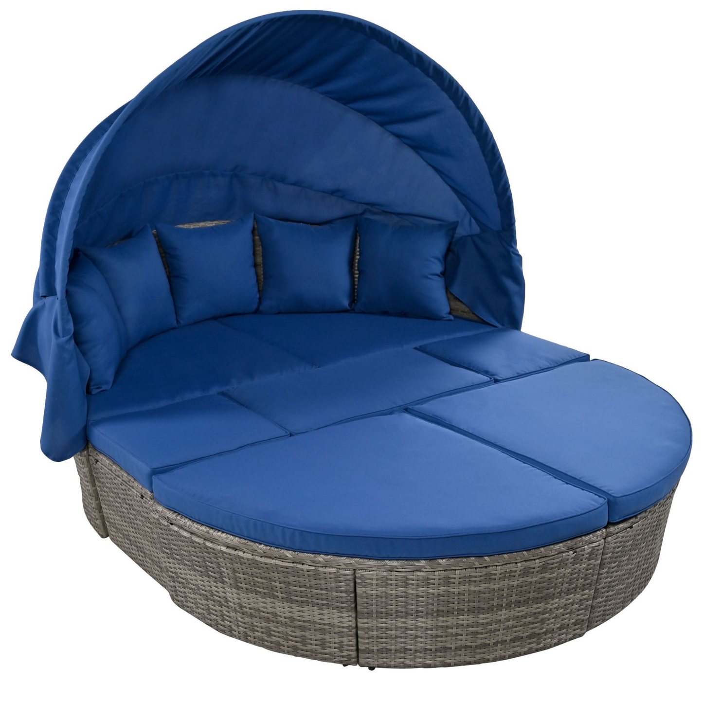 Outdoor rattan daybed sunbed with Retractable Canopy Wicker Furniture, Round Outdoor Sectional Sofa Set, Gray Wicker Furniture Clamshell Seating with Washable Cushions, Backyard, Porch, Blue