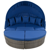 Outdoor rattan daybed sunbed with Retractable Canopy Wicker Furniture, Round Outdoor Sectional Sofa Set, Gray Wicker Furniture Clamshell Seating with Washable Cushions, Backyard, Porch, Blue