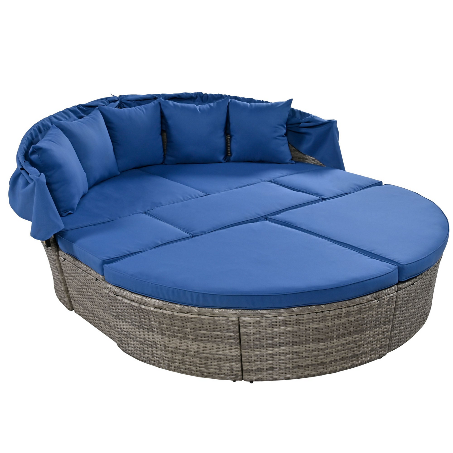 Outdoor rattan daybed sunbed with Retractable Canopy Wicker Furniture, Round Outdoor Sectional Sofa Set, Gray Wicker Furniture Clamshell Seating with Washable Cushions, Backyard, Porch, Blue