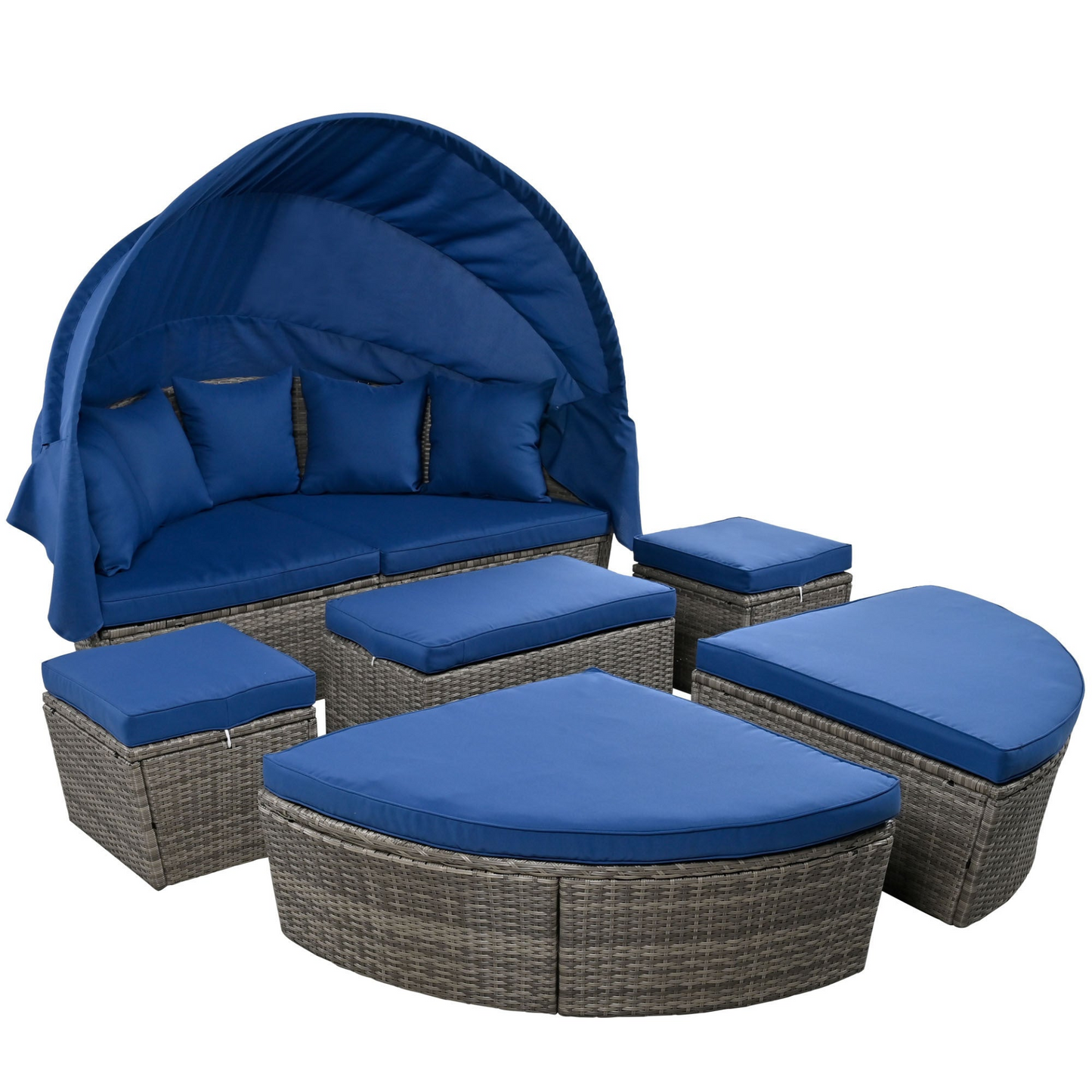 Outdoor rattan daybed sunbed with Retractable Canopy Wicker Furniture, Round Outdoor Sectional Sofa Set, Gray Wicker Furniture Clamshell Seating with Washable Cushions, Backyard, Porch, Blue