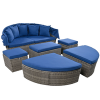 Outdoor rattan daybed sunbed with Retractable Canopy Wicker Furniture, Round Outdoor Sectional Sofa Set, Gray Wicker Furniture Clamshell Seating with Washable Cushions, Backyard, Porch, Blue