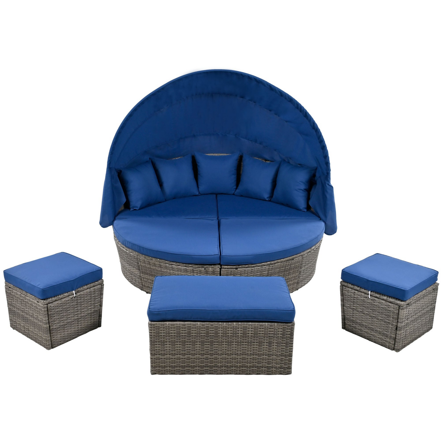 Outdoor rattan daybed sunbed with Retractable Canopy Wicker Furniture, Round Outdoor Sectional Sofa Set, Gray Wicker Furniture Clamshell Seating with Washable Cushions, Backyard, Porch, Blue