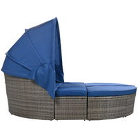 Outdoor rattan daybed sunbed with Retractable Canopy Wicker Furniture, Round Outdoor Sectional Sofa Set, Gray Wicker Furniture Clamshell Seating with Washable Cushions, Backyard, Porch, Blue