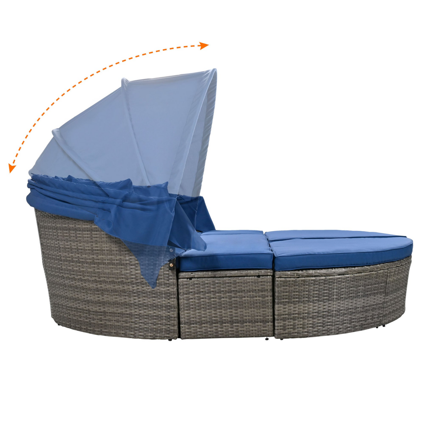 Outdoor rattan daybed sunbed with Retractable Canopy Wicker Furniture, Round Outdoor Sectional Sofa Set, Gray Wicker Furniture Clamshell Seating with Washable Cushions, Backyard, Porch, Blue