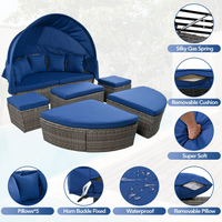 Outdoor rattan daybed sunbed with Retractable Canopy Wicker Furniture, Round Outdoor Sectional Sofa Set, Gray Wicker Furniture Clamshell Seating with Washable Cushions, Backyard, Porch, Blue