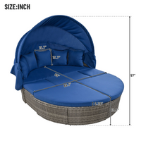 Outdoor rattan daybed sunbed with Retractable Canopy Wicker Furniture, Round Outdoor Sectional Sofa Set, Gray Wicker Furniture Clamshell Seating with Washable Cushions, Backyard, Porch, Blue