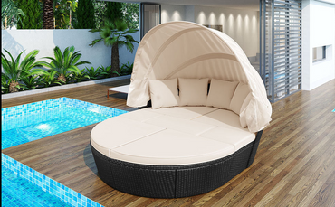 Outdoor rattan daybed sunbed with Retractable Canopy Wicker Furniture, Round Outdoor Sectional Sofa Set, black Wicker Furniture Clamshell Seating with Washable Cushions, Backyard, Porch, Beige