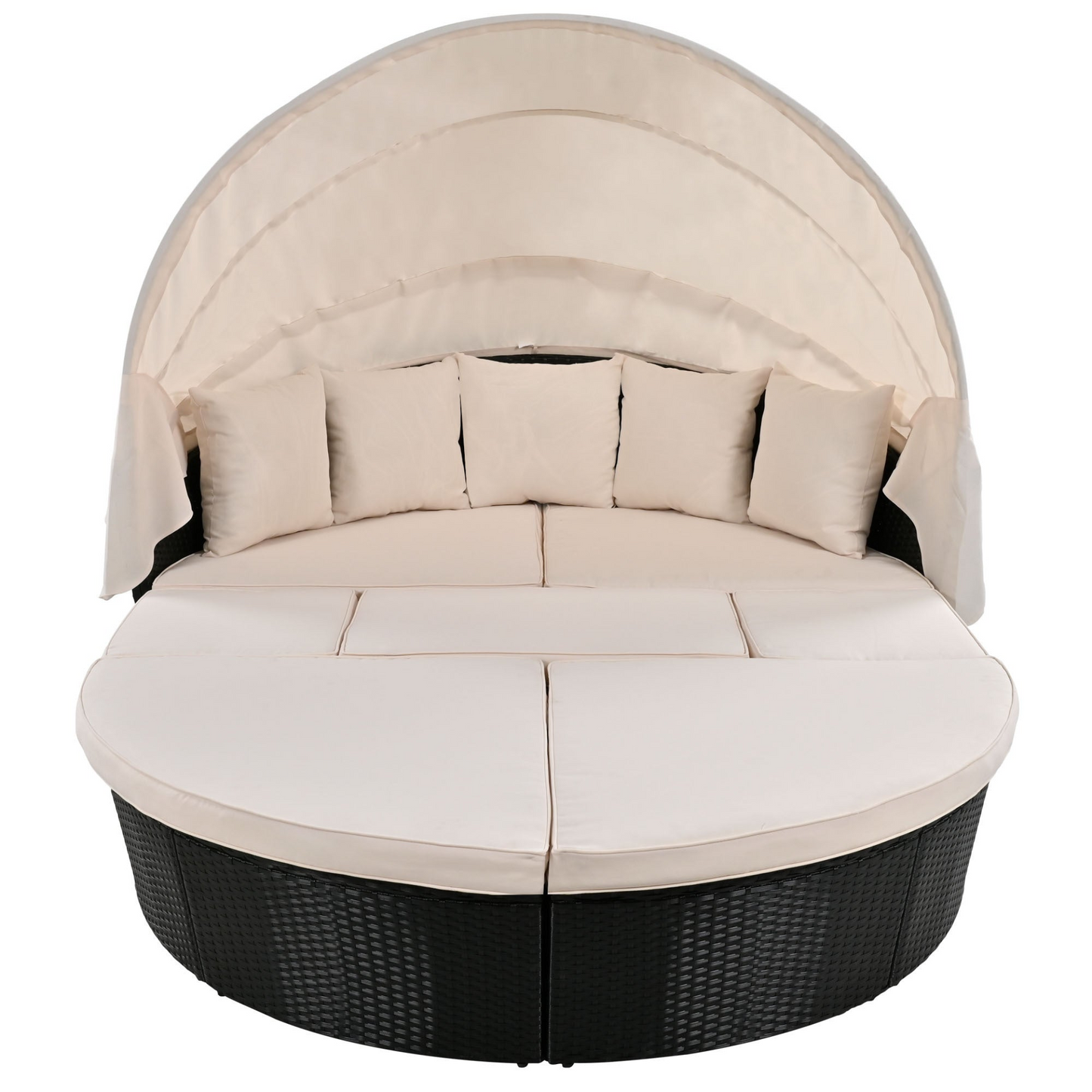 Outdoor rattan daybed sunbed with Retractable Canopy Wicker Furniture, Round Outdoor Sectional Sofa Set, black Wicker Furniture Clamshell Seating with Washable Cushions, Backyard, Porch, Beige