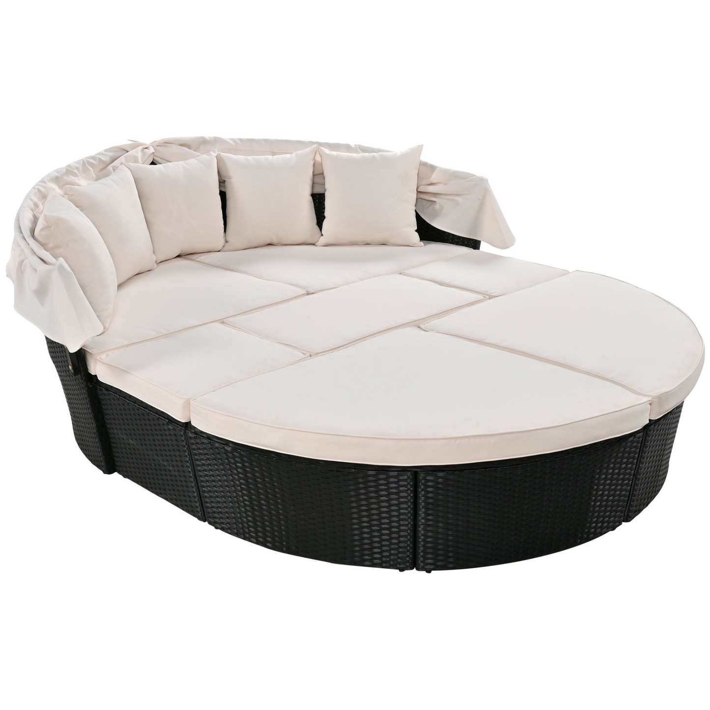 Outdoor rattan daybed sunbed with Retractable Canopy Wicker Furniture, Round Outdoor Sectional Sofa Set, black Wicker Furniture Clamshell Seating with Washable Cushions, Backyard, Porch, Beige