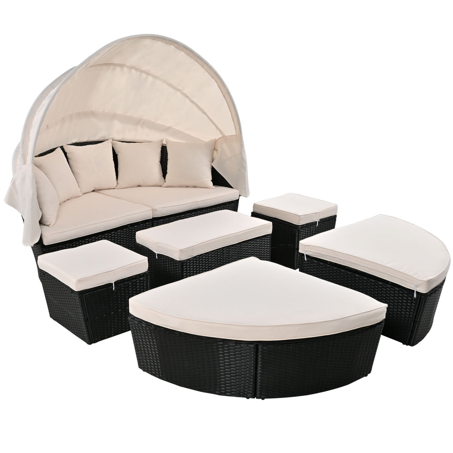 Outdoor rattan daybed sunbed with Retractable Canopy Wicker Furniture, Round Outdoor Sectional Sofa Set, black Wicker Furniture Clamshell Seating with Washable Cushions, Backyard, Porch, Beige